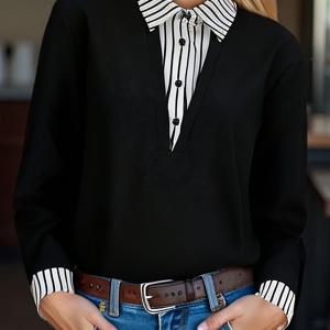 TEMU DP061511 여성용 우아한 투인원 스플라이스 긴팔 셔츠