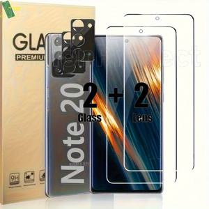 TEMU 갤럭시 노트 20용 2팩 HD 강화유리 보호필름 + 2팩 카메라 렌즈 보호필름 9H 강도, 풀커버 유리필름, 갤럭시 노트 20 호환