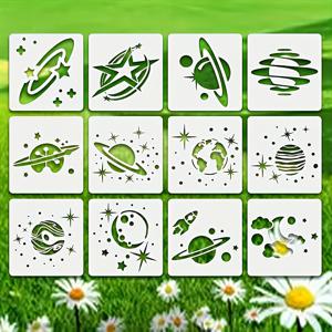 TEMU DIY 아트용 12개 별이 빛나는 하늘 10x10cm 재사용 가능 & 세탁 가능한 스텐실 - 별, 행성, 빔 등 다양한 디자인 - 그림 그리기, 드로잉 및 학습 브러시 스텐실, 예술 프로젝트 용품, 창의적인 공예, 로맨틱 디자인, 내구성 있는 크래프트 소재