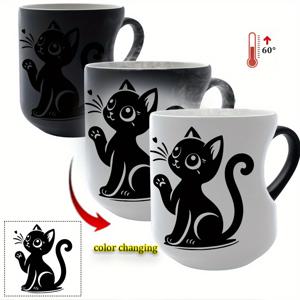 TEMU 열감지 컬러 체인징 세라믹 머그컵 - 검은 고양이 실루엣 & 하트 핸들, 11oz/330ml 커피컵, 열변색 차/코코아 컵, 손세척 전용 (세라믹) - 사무실용, 크리스마스/어버이날 선물