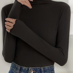 TEMU 여성 터틀넥 긴팔 티셔츠 -- 탄성 슬림핏 시스루 레이어드 탑 -- 러플 엣지 긴팔 베이스 셔츠 -- 블랙 단색 캐주얼 패션 다용도 가을/겨울 스타일 -- 하이넥 디자인 -- 탄성 원단