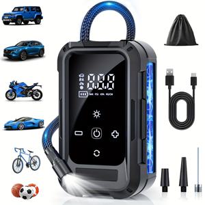 TEMU 타이어 공기 주입기, 휴대용 에어 컴프레서, 미니 무선 전기 공기 펌프, 디지털 타이어 공기압 게이지 및 LED 라이트 포함, 충전식 리튬 배터리, 3배 빠른 공기 주입, 자동차, SUV, 자전거, 타이어 및 공용