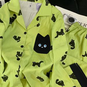 TEMU 2개입 만화 고양이 프린트 잠옷 세트 | 긴소매, 캐주얼 루즈핏, 봄/가을 시즌, 라펠 칼라, 버튼 디테일