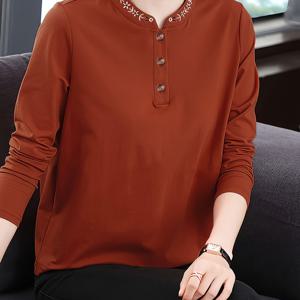 TEMU S1134 빈티지 라운드넥 자수 긴팔 티셔츠