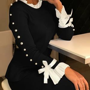 TEMU 여성용 우아한 블랙 스웨터, 화이트 러플 칼라 & 커프스 - 긴소매 라운드넥 풀오버, 진주 장식 어깨 & 커프스 트림