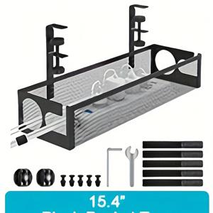 TEMU [이중 구멍 디자인] 책상 밑 케이블 정리 트레이, 쉬운 케이블 접근을 위한 양면 슬롯 디자인, 무타공 금속 메쉬 케이블 정리함, 나사 및 클램프가 포함된 조절식 코드 히더, 사무실 가정용 책상용 대용량 멀티탭 홀더