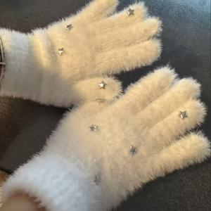 TEMU 1쌍 여성용 별무늬 보온 플러시 겨울 장갑 - 전체 손가락 두꺼운 보온 장갑, 스키, 운전, 야외 활동, 추운 날씨 및 크리스마스 선물용 - 학생들을 위한 포근한 겨울 , 손세탁 가능