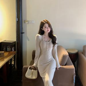 TEMU 한국 스타일 고급 버튼 바디콘 드레스 | 여성용 섹시 물고기 꼬리 스커트, 스퀘어넥, 단색, 캐주얼 스타일, 성인에게 완벽