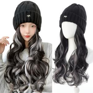 TEMU 장기 웨이브 모발이 있는 합성 모자 가발 비니 | 따뜻하고 부드러운 스키 니트 가을 겨울 모자, 내열성, 고온 섬유, 여성용 곱슬 웨이브, 크리스마스, 새해, 카니발, 음악 행사에 적합