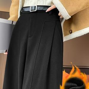 TEMU 여성용 가을/겨울 팬츠, 세미 신축성 허리밴드 디자인, 고급스러운 플리스 안감 정장 바지, 하이웨이스트 컷으로 효과적, 루즈하고 캐주얼한 와이드 레그 팬츠, 편안하고 다용도. 벨트 미포함|냉장고바지|바지