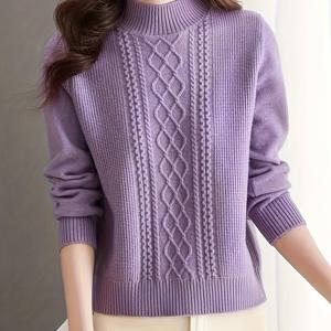 TEMU 아가일 케이블 니트 모크넥 스웨터, 가을 & 겨울 캐주얼 롱슬리브 스웨터, 여성 의류