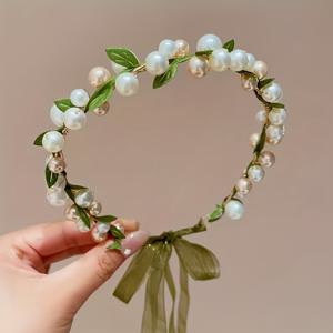 TEMU 우아한 인조 진주와 녹색 잎사귀 웨딩 헤어 액세서리 - 투명 플로럴 머리띠, 신부, 브라이즈메이드 및 꽃 장식용 - 모든 헤어스타일에 어울리는 다목적 결혼식 헤드피스, 비치 바캉스 및 특별 행사 여성 헤드드레스