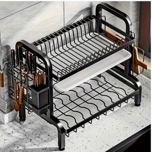 TEMU 다용도 블랙 더블 레이어 식기 건조대와 배수 트레이 및 드립 팬, 주방 액세서리 세트 (칼 포크 스탠드, 도마 거치대, 젓가락 홀더 포함), 카운터탑에 적합|식기건조대