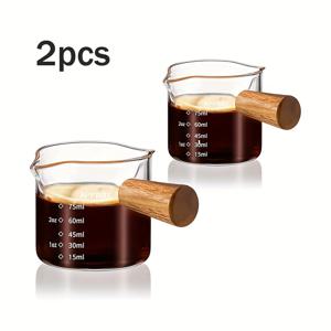 TEMU 나무 손잡이가 달린 유리 컵 2개 세트, 소형 컵, 이중 주둥이 계량컵, 커피 추출 컵, 커피, 우유, 꿀, 샐러드 드레싱에 적합, 커피 도구 및 커피 머신 액세서리.