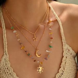 TEMU 1세트 휴가 스타일 멀티 레이어 비즈 목걸이 - 우아한 별, 달, 태양 펜던트 디자인. 일상, 여행, 파티용으로 완벽하며 , 베프, 어머니날, 발렌타인데이 또는 카니발 선물로 이상적