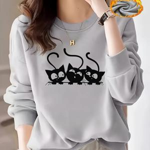 TEMU 고양이 프린트 스웨트셔츠 - 캐주얼 긴팔 폴리에스터 소재, 가을과 겨울에 완벽한 여성용 라운드넥 스웨트셔츠, 편안하고 스타일리시한 여성용 라운드넥 - 부드럽고 통기성 좋은 기계 세탁 가능한 긴팔 풀오버, 데일리 캐주얼 웨어