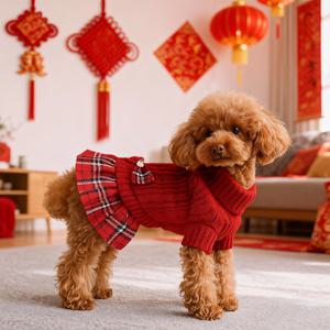 TEMU 작은견을 위한 레드 니트 스웨터 원피스, 보우타이 터틀넥 디자인, 겨울철 착용에 적합, 리드줄 구멍 포함, 치와와, 요크셔테리어, 하바네세, 비숑 등 품종에 적합|드레스