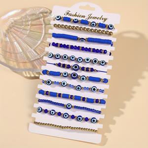 TEMU 12개 에스닉 스타일 블루 악의 눈 폴리머 클레이 팔찌 세트