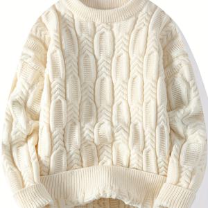 TEMU 남성 패션 단색 라운드넥 스웨터, 꼬임 로프 장식, 가을/겨울 편안한 착용감, 니트