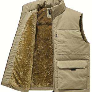 TEMU 남성용 가을/겨울용 두꺼운 기모 안감 조끼, 포켓, 스탠드 칼라, 스타일리시한 리버스 디자인|남자옷