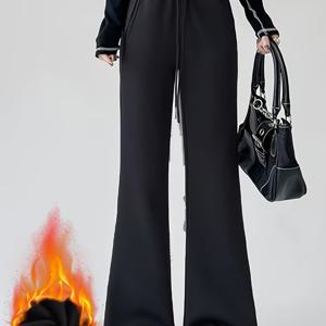 TEMU 여성용 단색 드로스트링 플레어 팬츠 (포켓 포함), 두꺼운 플리스 소재|냉장고바지|바지