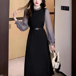 TEMU 우아한 벨트 A라인 여성용 드레스, 폴리에스터 하이넥 긴팔 단색, 얇은 소매가 있는 짜임 드레스, 봄/여름/가을, 프렌치 스타일 시크