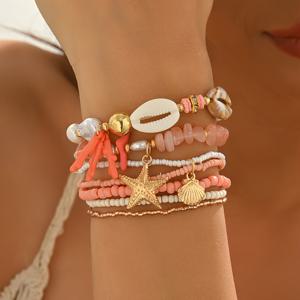 TEMU 1세트 6개 휴가 스타일 수제 비즈 밴드 - 별모양, 산호 및 조개 펜던트 포함 심플한 오션 테마 여성용 패션 팔찌 세트, 친구와 사랑하는 사람을 위한 선물