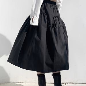 TEMU 신상 일본식 A라인 우산 스커트, 여성용 스커트, 니치 하이웨이스트 디자인, 풀길이 블랙 플레어 스커트, 봄/가을, 여성 의류