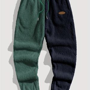 TEMU 남성용 플러시 겨울 보온 팬츠 - 솔리드 컬러 탄성 커프 트랩레그 (레귤러 길이) 허리, 기계 세탁 가능, 캐주얼 & 라운지 웨어 - 집, 사무실, 야외용