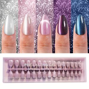 TEMU 네이비 블루, 퍼플, 핑크, 로터스 핑크, 실버 화이트 색상의 아크릴 숏 알몽드 모양 글리터 고양이 눈 프레스온 인조 손톱 150개 세트. 패셔너블한 고양이 눈 디자인으로 여성의 네일 데코레이션에 완벽합니다.