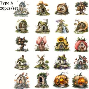 TEMU 20개/세트 수제 창의적인 레트로 마법 숲 이상한 나무집 호박 집 엘프 하우스 시리즈 고품질 스티커, 쓰레기 일기장 노트북 스크랩북 장식용 수동 계정 DIY 커팅 북 스티커