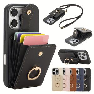 TEMU 휴대폰 케이스 - 휴대폰 케이스 - 아이폰 17 Pro Max/16E/16/15/14/13/12/11 Pro Max용 카드 홀더가 있는 인조 가죽 보호 케이스, 360° 회전 링 스탠드 및 숄더 스트랩 포함|아이폰케이스|지갑|핸드폰스트랩