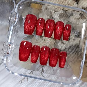 TEMU 생생한 레드 글리터가 돋보이는 고양이 눈 효과가 있는 수제 프레스온 네일 10개 세트, 여성용 광택 짧은 코핀 스타일 인조 손톱