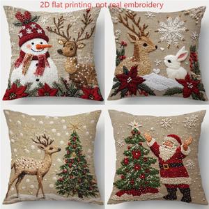 TEMU 2D 플랫 - 2D 프린트 패턴, 실직접 자수 아님, 커버, 4개, 눈사람, 사슴, 크리스마스 트리, 디자인 특징. 크리스마스, 이벤트, 캐주얼 모임, 홈 데코에 적합