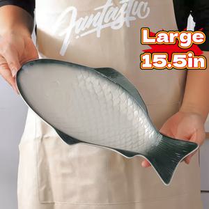 TEMU 15.5인치 특대형 생선 접시, 2가지 색상으로 제공, 세라믹 생선 접시, 업그레이드 버전, 구매 제품, 레스토랑 및 가정용으로 적합, 예술적인 식기