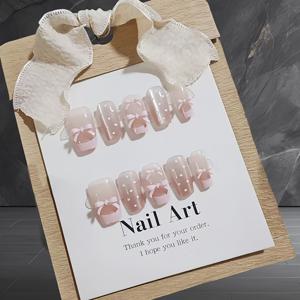 TEMU 스위트 템페라멘트 스타일, 더블 리본 프렌치 순수 욕망 핸드메이드 인조 네일 10개, 숏 사다리 나비 장식, 여학생 핑크 컬러, 순수 욕망 요정 물방울 트렌디 패션 웨어 네일, 특별한 날 선물