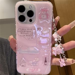 TEMU 휴대폰 케이스 - 귀엽고 유머러스한 곰돌이와 아기 고양이 일러스트 잉크 스플래시 휴대폰 케이스, 아이폰 11부터 16 Pro Max Plus에 적합, 매력적인 리본과 충격 방지 젤리 컬러 디자인 특징