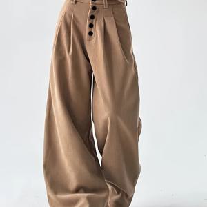 TEMU 여성용 코듀로이 와이드 팬츠 - 풀 길이 내장 지퍼 클로저, 캐주얼 엘레강스 웨어, 봄/가을 아웃핏, 루즈핏 (기계 세탁 가능) 솔리드 컬러 홈 & 커뮤트용 팬츠