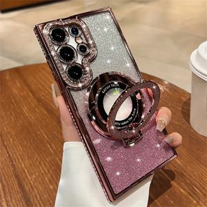 TEMU 폰 케이스: 글리터 그라데이션 라인스톤 마그네틱 미러 스탠드 케이스 S25, S24 울트라, S23, S22 플러스 FE A55 A35 A16 A56 A36 여성용|폰케이스|S22케이스