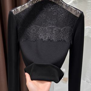 TEMU 여성용 시스루 세미 레이스 언더레이어 베이스 레이어 - 고탄력 긴팔 티셔츠, 세미 넥라인, 솔리드 블랙 레이어링용, 세탁기 사용 가능 가을/겨울 탑 (란제리)