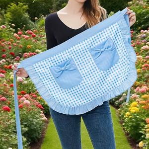 TEMU 귀여운 체크무늬 리본 포켓 숏 앞치마, 다용도 메쉬 서버트 스타일 러플 요리용 앞치마 - 파티 드레스업 및 크리스마스용