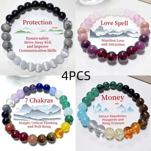 TEMU 4개 세트- 자수정과 시트린 비즈 팔찌 세트-천연 로즈 쿼츠, 문스톤, 타이거스 아이, 주홍석, 부, 보호, 활력을 위한 비즈 팔찌-파티 및 일상 착용에 적합한 우아한 비즈 팔찌