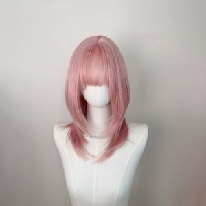 TEMU 14인치 여성용 라이트 핑크 앞머리 밥 헤어스타일 가발, 달콤하고 장난기 가득, 할로윈 역할놀이, 데일리 착용에 적합, 부드럽고 통기성 좋은 시스루 풀 가발