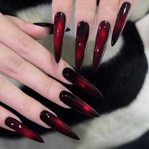 TEMU 24개 패셔너블 롱 아몬드 모양 블랙 & 레드 chase light 고양이 눈 할로윈 네일 아트 인조 네일 세트, 탈부착 가능 풀 커버리지 내구성, 테이프 1매 및 작은 네일 파일 1개 포함, 할로윈에 적합