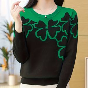 TEMU 여성용 스타일리시 라운드넥 컬러 블록 플로럴 스웨터, 신상 가을 겨울 루즈핏 숏 베이스 레이어 탑