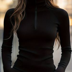 TEMU 미국식 캐주얼 하이넥 베이스 레이어 여성 가을 고급 지퍼 하프 오픈 라펠 풀오버 탑