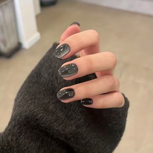 TEMU 24pcs 달콤하고 시원한 다크 캣아이 숏 스퀘어 프레스온 네일, 고급 인조 네일|네일아트