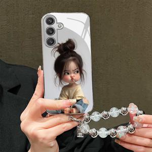 TEMU 휴대폰 케이스 - 입꼬리가 귀여운 소녀를 그린 강화 유리 휴대폰 케이스 (목걸이 스트랩 포함), Galaxy S25/S24 Ultra/S23+/Note20/A55/A54/A35/A34/A25/A53 호환 디자인, 전체 보호 및 낙하 방지 기능 제공