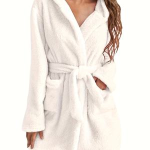 TEMU 인기 유럽&미국 여성용, 가을 겨울 따뜻한 플러시 타이프론트 후드 가운, 미디엄 길이 홈 코트|여성원피스