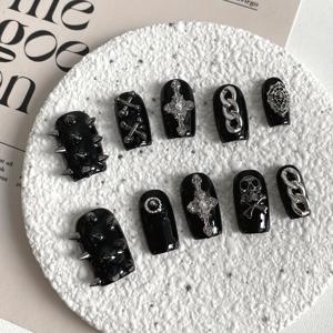 TEMU 10개 블랙 스터드 스위트 쿨 스파이시 라인스톤 탈부착 프레스온 네일팁 + 젤리 글루 & 네일파일 세트, 선물